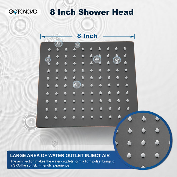 gotonovo 8 Inch Rainfall Showerhead Square Stainless Steel Rain Shower Head High Pressure Waterfall Crackproof Coverage with Silicone Nozzle 1/16" Ultra Thin Design Swivel Connector