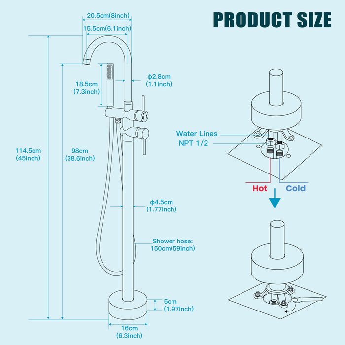 gotonovo Freestanding Tub Faucets Floor Mount Tub Filler, High Flow Free Standing Bathtub Faucet Stand Alone with Handheld Shower and Rough-in Valve,360° Swivel High-Arc Spout,SUS304