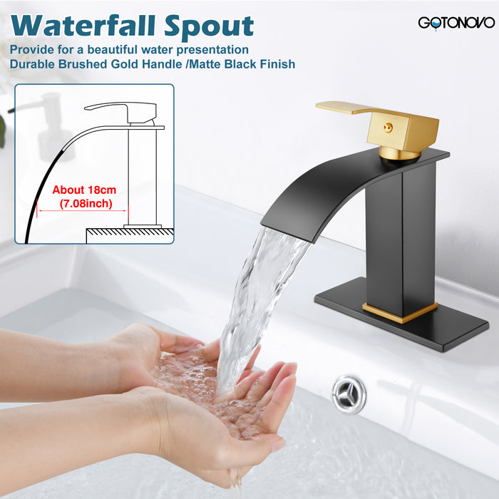 gotonovo Bathroom Sink Faucet Single Handle 1 Hole Waterfall Spout Vanity Sink Faucet Deck Mount Mixer Tap Lavatory with Deck Plate and Pop Up Drain