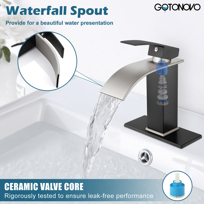 gotonovo Bathroom Sink Faucet Single Handle 1 Hole Waterfall Spout Vanity Sink Faucet Deck Mount Mixer Tap Lavatory with Deck Plate and Pop Up Drain