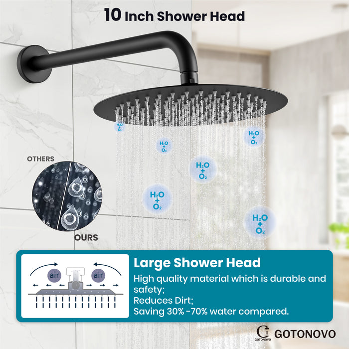 gotonovo 10 inch Round Rain Shower System with Tub Spout Wall Mounted Bathroom 3 Piece Mixer Shower Set Shower Head Combo with Rough in Valve Cylindrical Handheld