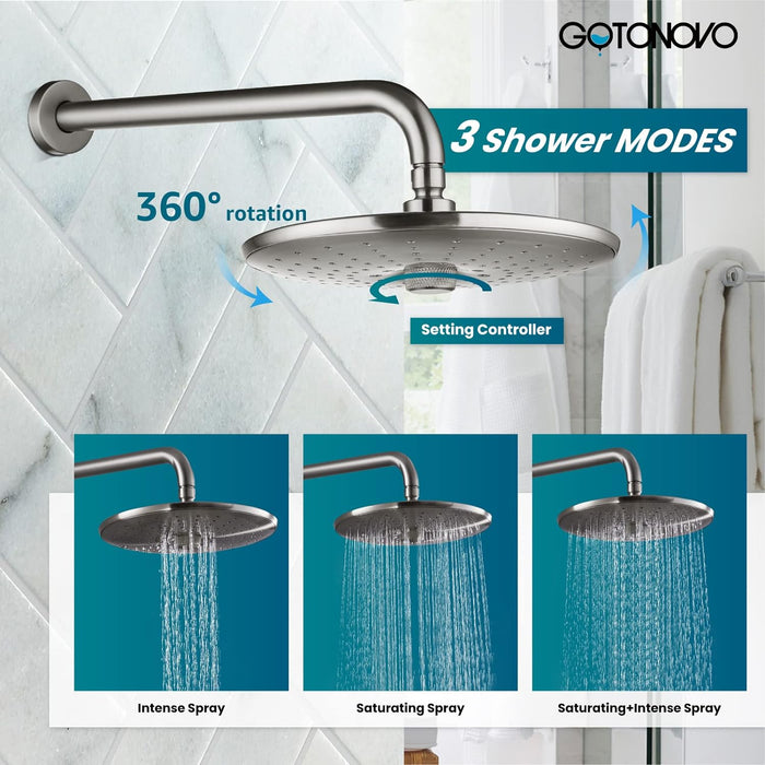 gotonovo Shower Trim Kit 10 inch 3 Modes Round Rainfall Shower Head Wall Mounted 6-Functions ABS Handheld Spray Shower System Pressure Balanced Rough-in Valve and Trim Included
