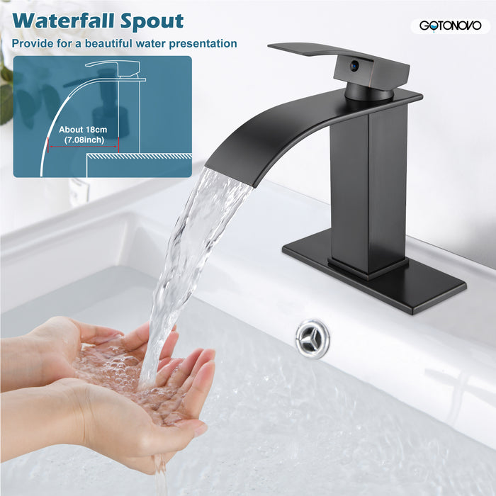 gotonovo Bathroom Sink Faucet Waterfall Spout Deck Mount Single Handle 1 Hole  Deck Plate Pop Up Drain with Overflow with Mixer Tap Lavatory Vanity Sink Faucet Commercial