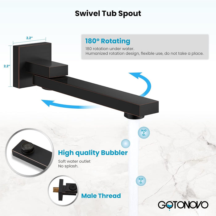 Gotonovo Rain Shower Combo Set Luxury 3-Function with Rotating Tub Spout,Square Rainfall Shower Head and Handheld Spray Rough-in Valve Body and Trim Included