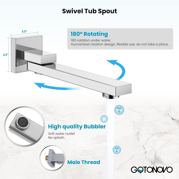 Gotonovo Rain Shower Combo Set Luxury 3-Function with Rotating Tub Spout,Square Rainfall Shower Head and Handheld Spray Rough-in Valve Body and Trim Included