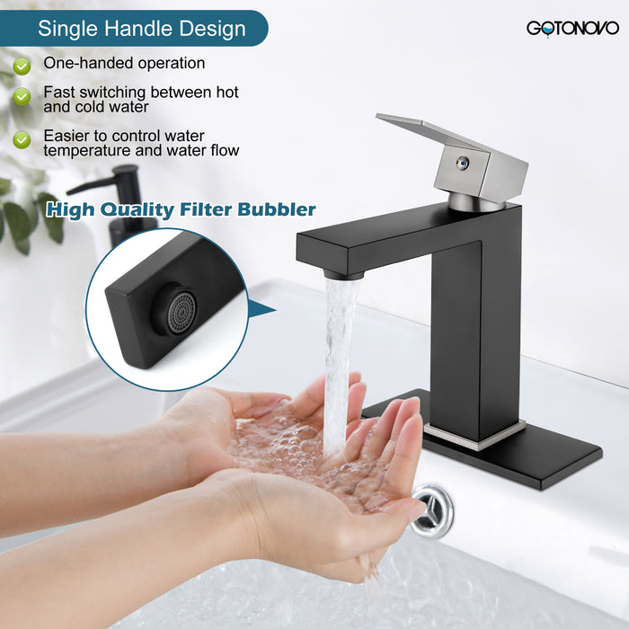 gotonovo Bathroom Sink Faucet Single Handle 1 Hole One Lever Stainless Steel SUS304 Commercial Deck Mount Lavatory Mixer Tap Include Pop Up Drain and Cover Plate