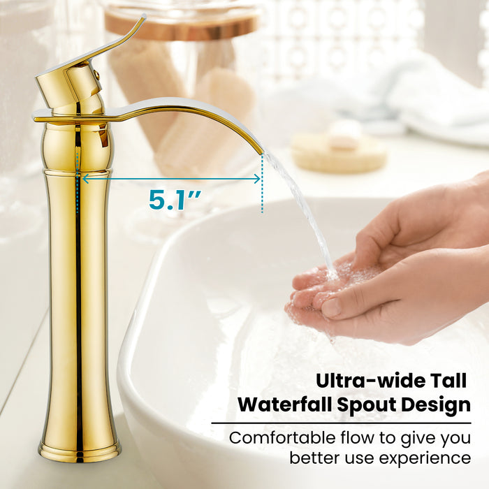 gotonovo Waterfall Vessel Sink Faucet for Sink 1 Hole,Single Handle Tall Bathroom Sink Faucet,Brass Waterfall Bathroom Faucet Arc Body Mixer Tap with Pop Up Drain and Supply Line