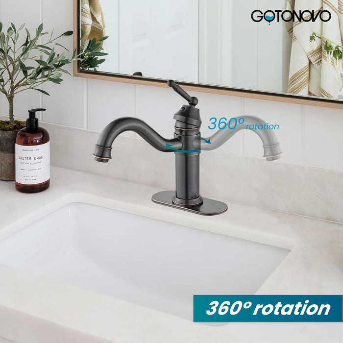 gotonovo Single Hole Bathroom Faucet Deck Mounted Lavatory Sink Faucet Long Reach 360 Degree Swivel Spout Short Mixer Tap Hot and Cold Water Single-Handle with Pop Up Drain