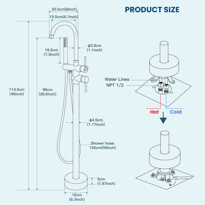 gotonovo Freestanding Tub Faucets Floor Mount Tub Filler, High Flow Free Standing Bathtub Faucet Stand Alone with Handheld Shower and Rough-in Valve,360° Swivel High-Arc Spout,SUS304