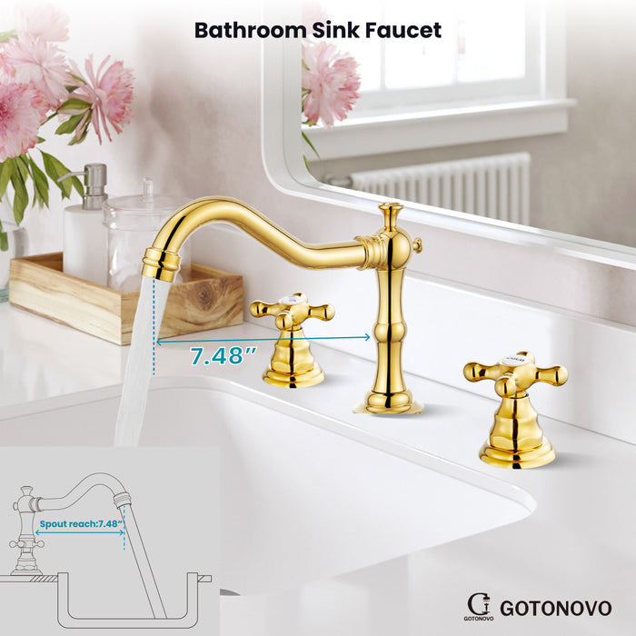 gotonovo Bathroom Sink Faucet Deck Mount Widespread Double Mixing Tap Cross Knobs 3 Hole with Pop Up Drain