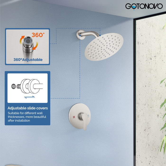 gotonovo Shower Faucet Set, Single Function Shower Trim Kit, Wall Mount 8 Inch Round Rainfall Shower Head and Handle Set, Single Handle Shower System Set Rough-in Valve