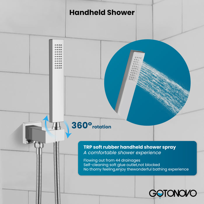 gotonovo Shower Faucet with Full Body Jets Rain Mixer 12 inch Rainfall Shower Head and Handheld Spray Combo Wall Mounted Rough-in Valve and Trim Included with 6pcs Body Message Jets