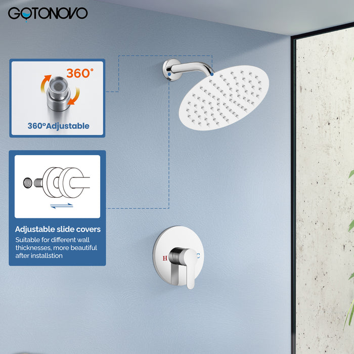 gotonovo Shower Faucet Set, Single Function Shower Trim Kit, Wall Mount 8 Inch Round Rainfall Shower Head and Handle Set, Single Handle Shower System Set Rough-in Valve