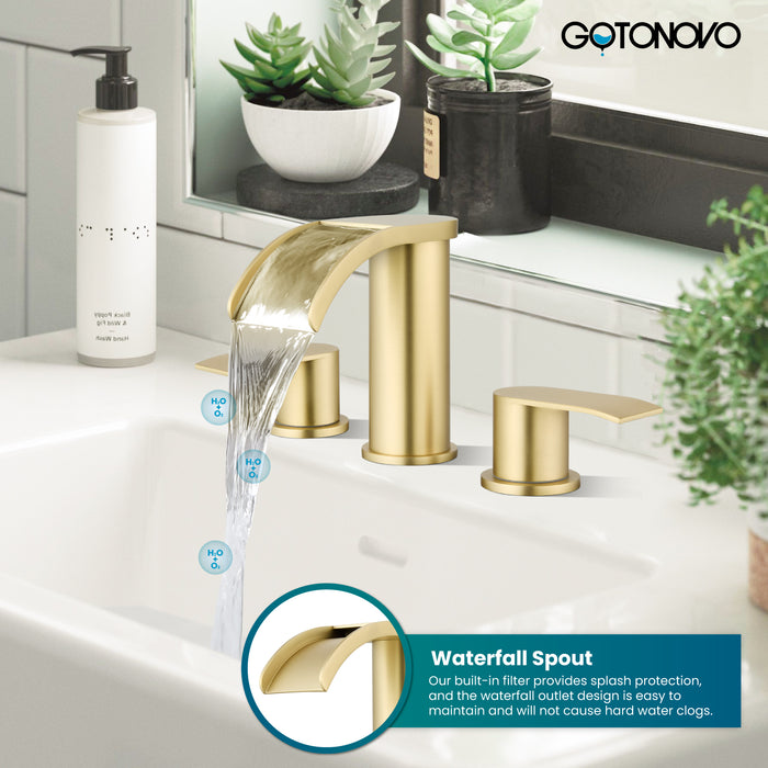 gotonovo 8 inch Waterfall Widespread Bathroom Faucet Set Bathroom Sink Faucet 3 Hole 2 Handle Vanity Lavatory Deck Mount with Pop Up Drain and Water Supply Lines