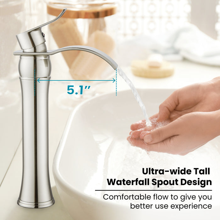 gotonovo Waterfall Vessel Sink Faucet for Sink 1 Hole,Single Handle Tall Bathroom Sink Faucet,Brass Waterfall Bathroom Faucet Arc Body Mixer Tap with Pop Up Drain and Supply Line