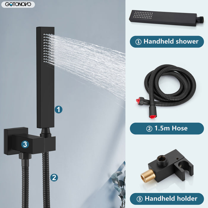 gotonovo Shower System 10 Inch Square Shower Head with Handheld Shower and Waterfall Tub Spout Wall Mount Rainfall Shower Faucet Rough-in Valve 3 Function Shower Combo Set