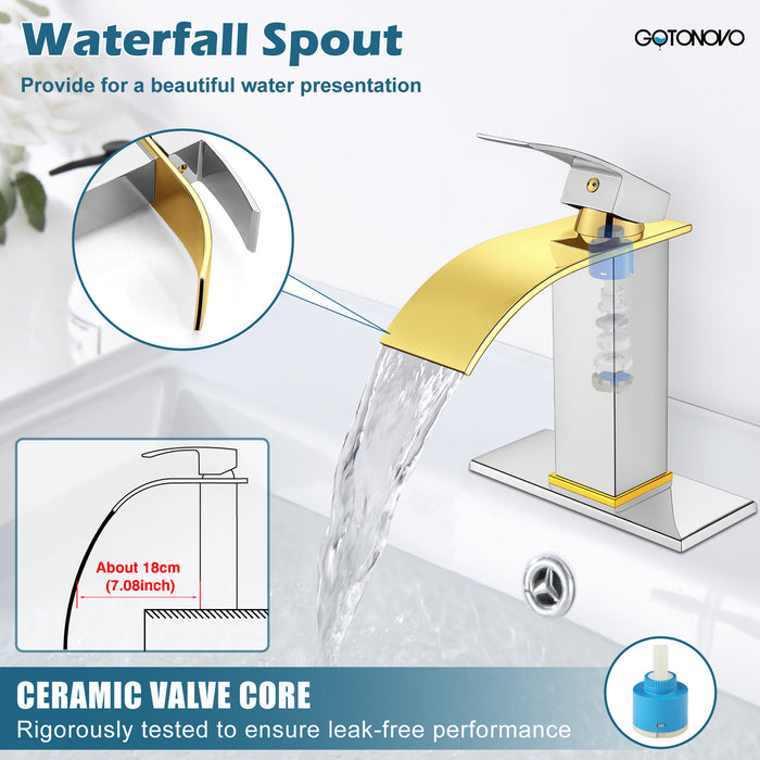 gotonovo Bathroom Sink Faucet Single Handle 1 Hole Waterfall Spout Vanity Sink Faucet Deck Mount Mixer Tap Lavatory with Deck Plate and Pop Up Drain