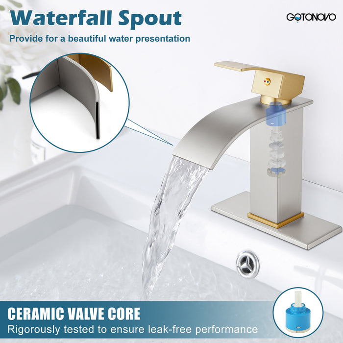 gotonovo Bathroom Sink Faucet Single Handle 1 Hole Waterfall Spout Vanity Sink Faucet Deck Mount Mixer Tap Lavatory with Deck Plate and Pop Up Drain