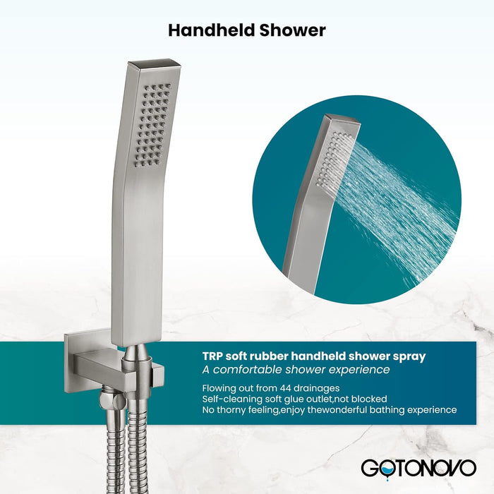 gotonovo Waterfall Tub Filler with Handheld Spray 3 Lever Handle Bathroom High Flow Rate Wall Mounted 2 Function Shower Faucet Set with Rough-in Shower Trim Kit Hot and Cold Mixer