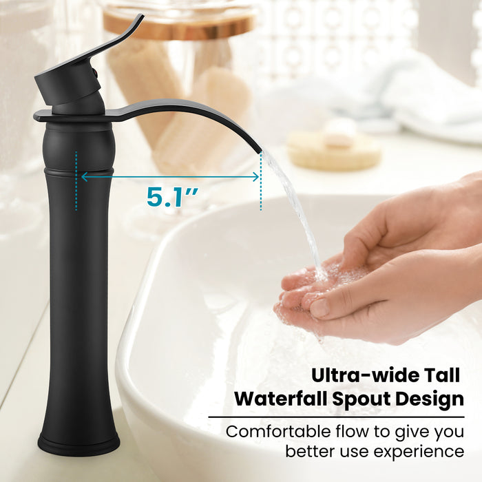 gotonovo Waterfall Vessel Sink Faucet for Sink 1 Hole,Single Handle Tall Bathroom Sink Faucet,Brass Waterfall Bathroom Faucet Arc Body Mixer Tap with Pop Up Drain and Supply Line