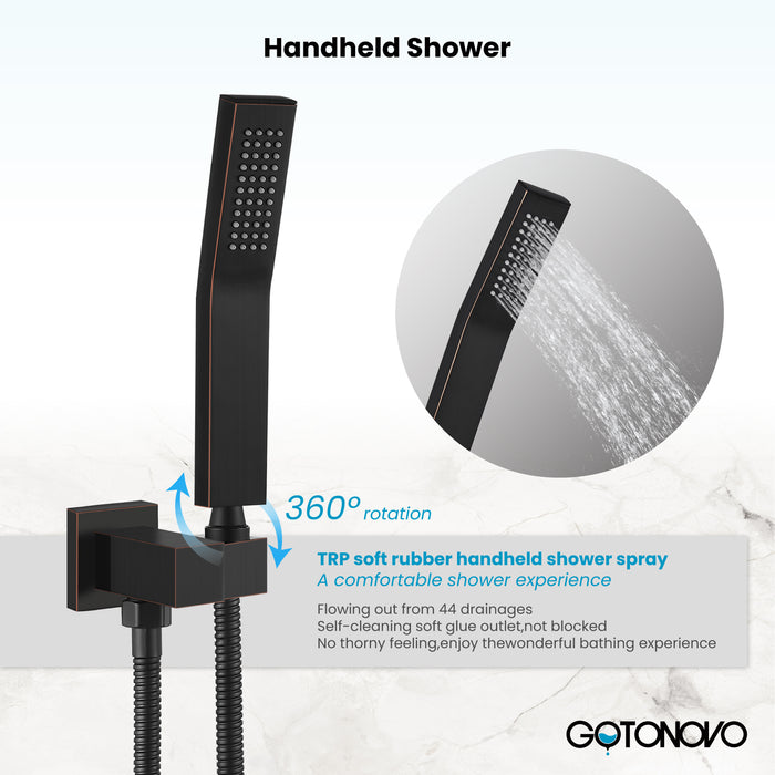 Gotonovo Rain Mixer Shower Faucet Set with Waterfall Tub Spout 12 inch Square Rainfall Shower Head with Handheld Spray Ceiling Mounted Pressure Balance Rough-in Valve and Trim Included