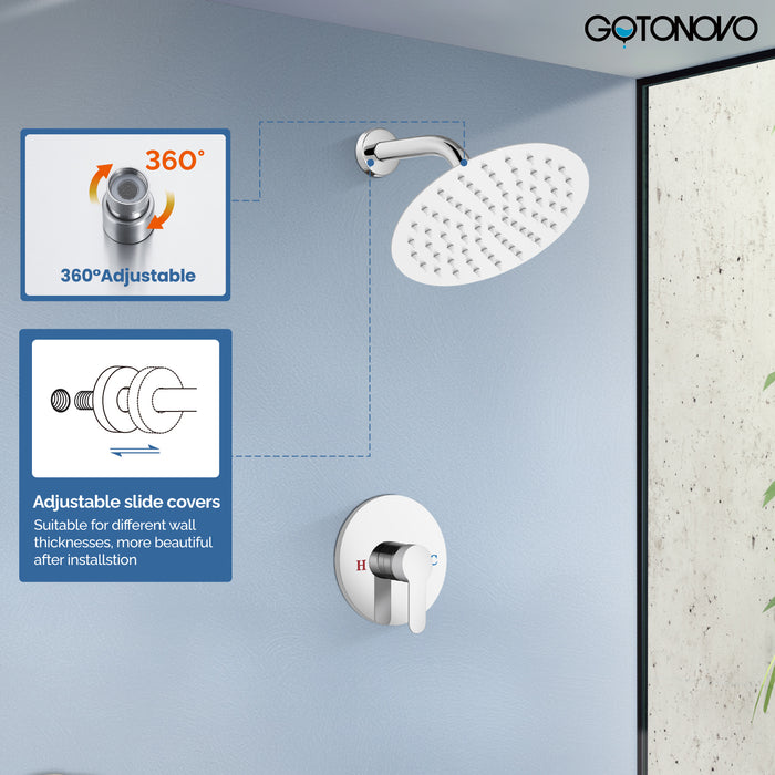 gotonovo Shower Faucet Set, Single Function Shower Trim Kit, Wall Mount 8 Inch Round Rainfall Shower Head and Handle Set, Single Handle Shower System Set Rough-in Valve