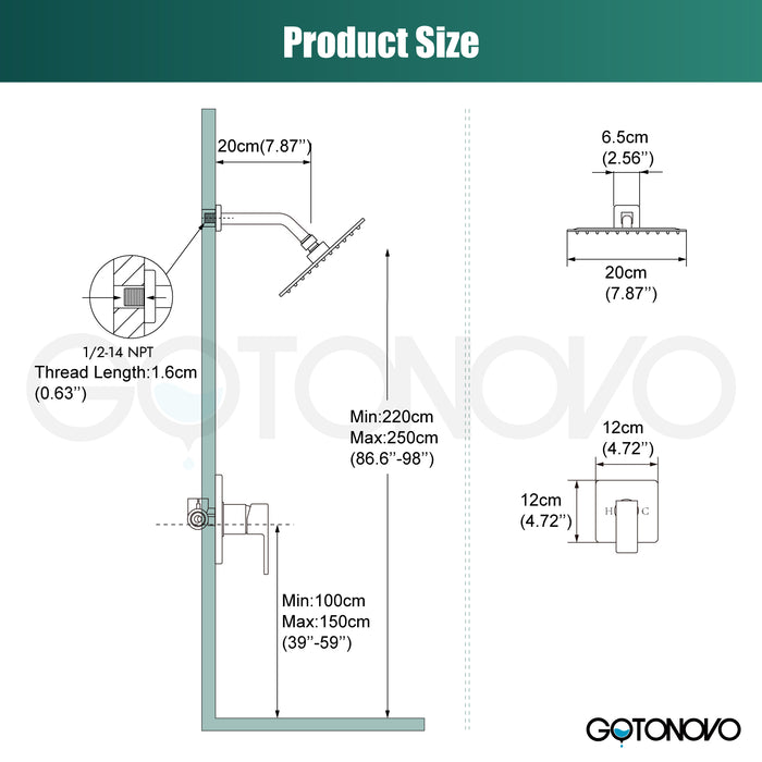 gotonovo Shower Head and Handle Set Shower Faucet Set Bathroom Rainfall Shower System Stainless Steel Showerhead Single Function Shower Trim Kit with Rough-in Valve