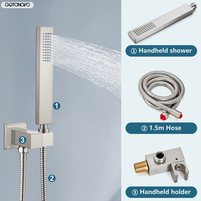 gotonovo Shower System 10 Inch Square Shower Head with Handheld Shower and Waterfall Tub Spout Wall Mount Rainfall Shower Faucet Rough-in Valve 3 Function Shower Combo Set