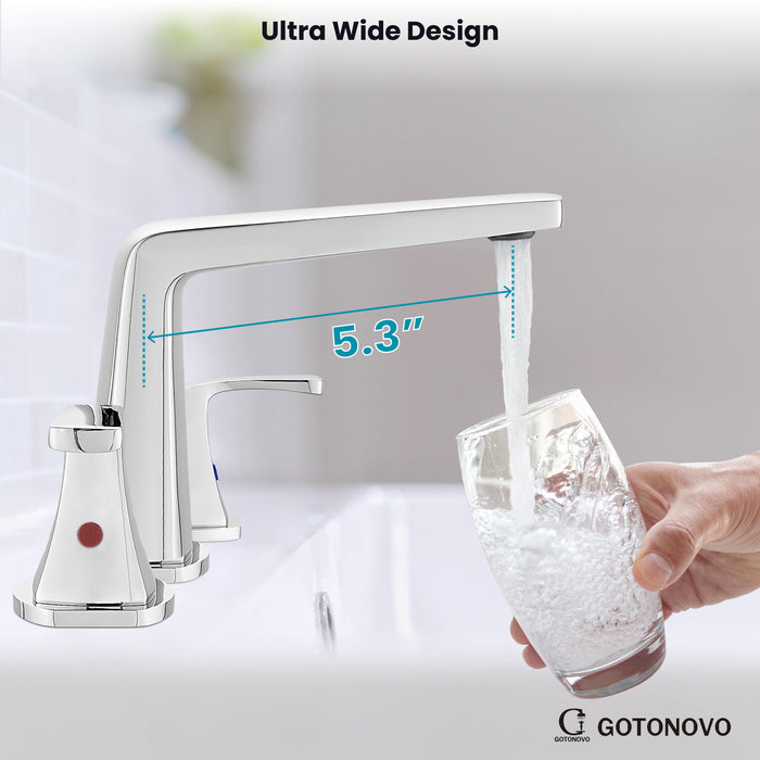 gotonovo Bathroom Sink Faucet 3 Holes 2 Handles Widespread 8 Inch Bathroom Faucet with Pop Up Drain Hot Cold Water Supply Lines Lavatory Vanity Mixer Tap, Thin Style