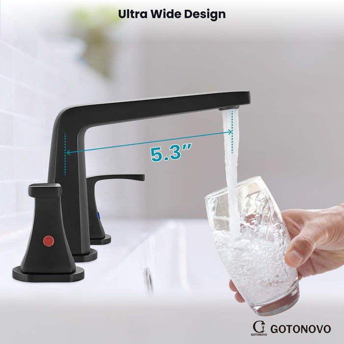 gotonovo Bathroom Sink Faucet 3 Holes 2 Handles Widespread 8 Inch Bathroom Faucet with Pop Up Drain Hot Cold Water Supply Lines Lavatory Vanity Mixer Tap, Thin Style