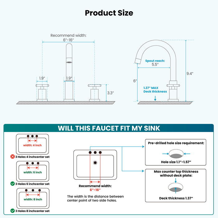 gotonovo 3 Hole Bathroom Faucet 8 inch Widespread Sink Vanity Faucet for Bathroom Sink 2 Cross Handle Deck Mount Basin with Pop Up Drain 360° Swivel Spout