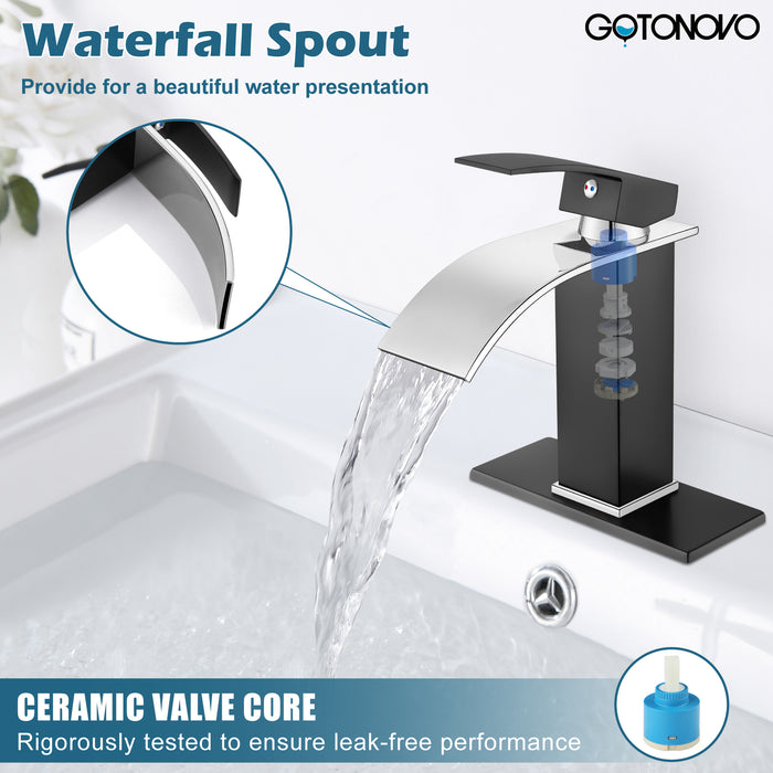 gotonovo Bathroom Sink Faucet Single Handle 1 Hole Waterfall Spout Vanity Sink Faucet Deck Mount Mixer Tap Lavatory with Deck Plate and Pop Up Drain