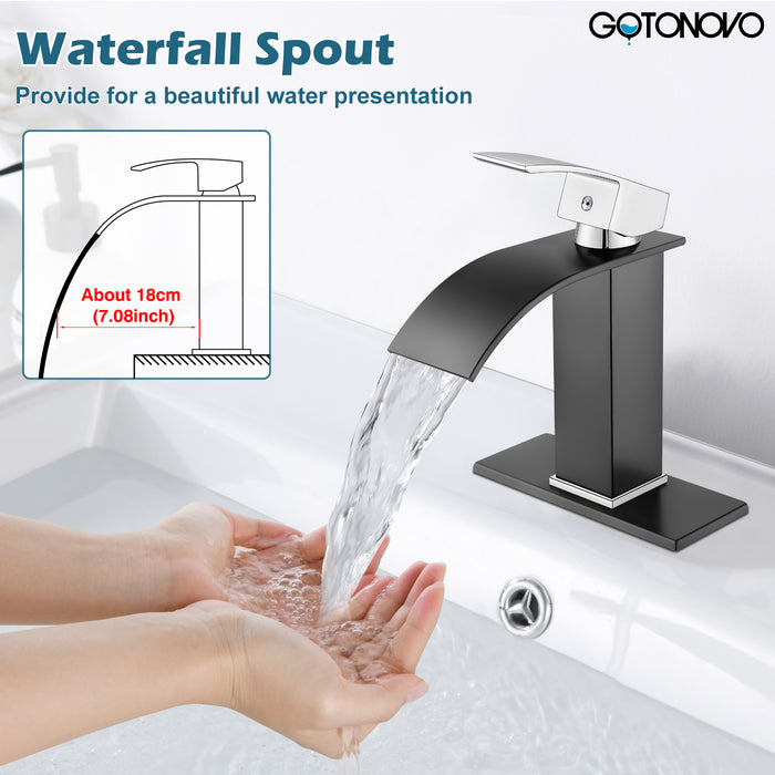 gotonovo Bathroom Sink Faucet Single Handle 1 Hole Waterfall Spout Vanity Sink Faucet Deck Mount Mixer Tap Lavatory with Deck Plate and Pop Up Drain