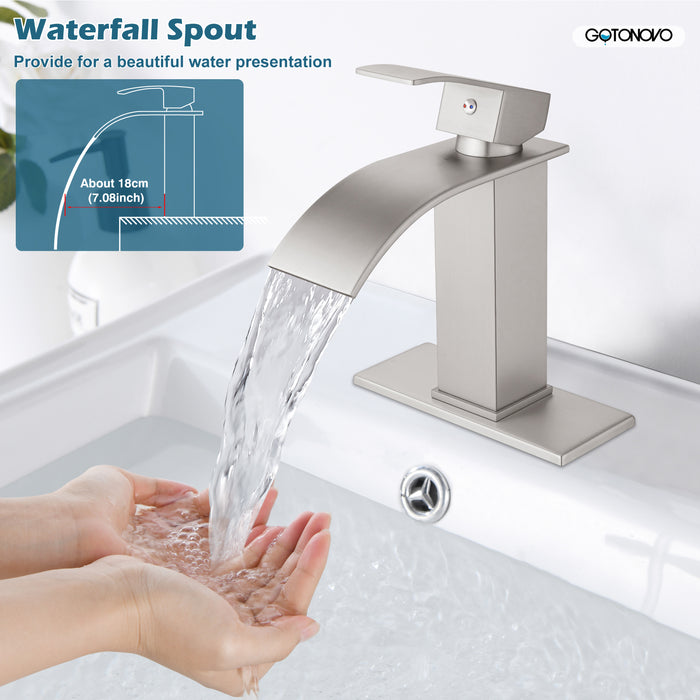 gotonovo Bathroom Sink Faucet Waterfall Spout Deck Mount Single Handle 1 Hole  Deck Plate Pop Up Drain with Overflow with Mixer Tap Lavatory Vanity Sink Faucet Commercial