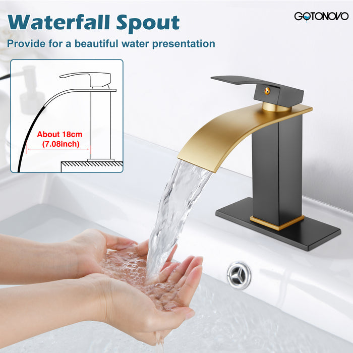 gotonovo Bathroom Sink Faucet Single Handle 1 Hole Waterfall Spout Vanity Sink Faucet Deck Mount Mixer Tap Lavatory with Deck Plate and Pop Up Drain