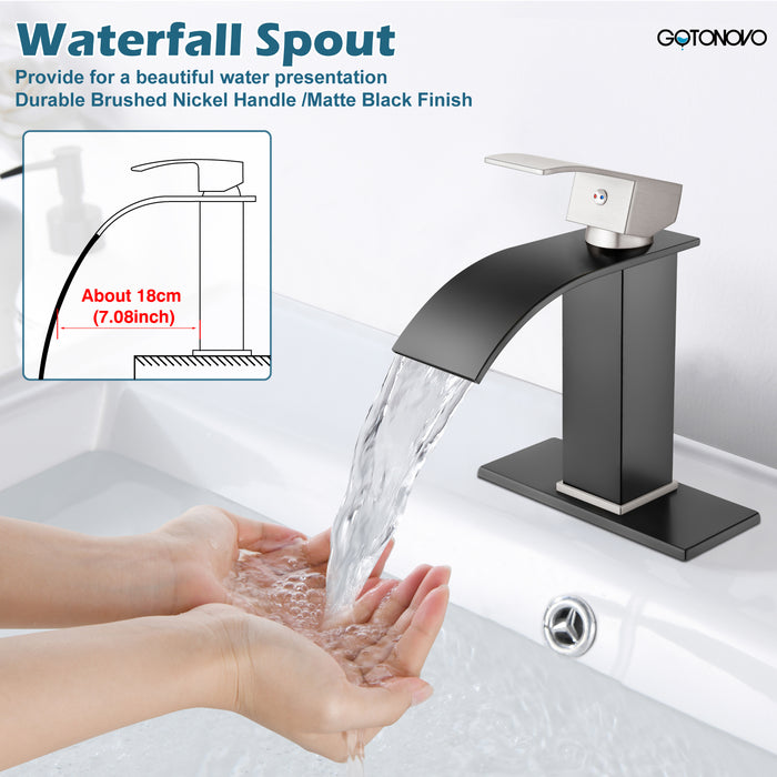 gotonovo Bathroom Sink Faucet Single Handle 1 Hole Waterfall Spout Vanity Sink Faucet Deck Mount Mixer Tap Lavatory with Deck Plate and Pop Up Drain