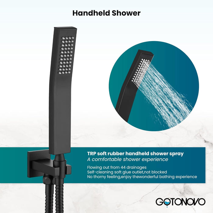 gotonovo Waterfall Tub Filler with Handheld Spray 3 Lever Handle Bathroom High Flow Rate Wall Mounted 2 Function Shower Faucet Set with Rough-in Shower Trim Kit Hot and Cold Mixer