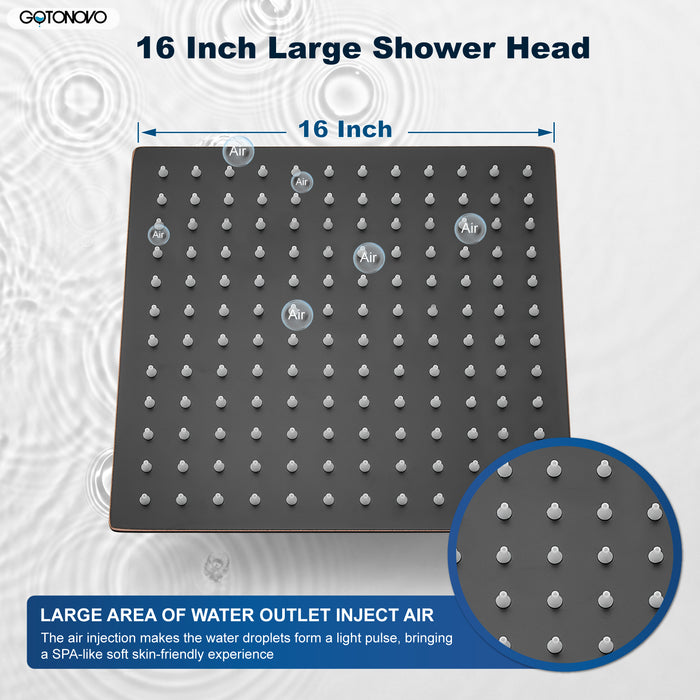 gotonovo 16'' Regendouche 16 Inch HOGE Druk Vierkant Roestvrij Staal 1/16" Ultra Dunne Regen Grote Douchekop Waterval Volledige Lichaamsdekking met Siliconen Mondstuk Draaibare Connector 