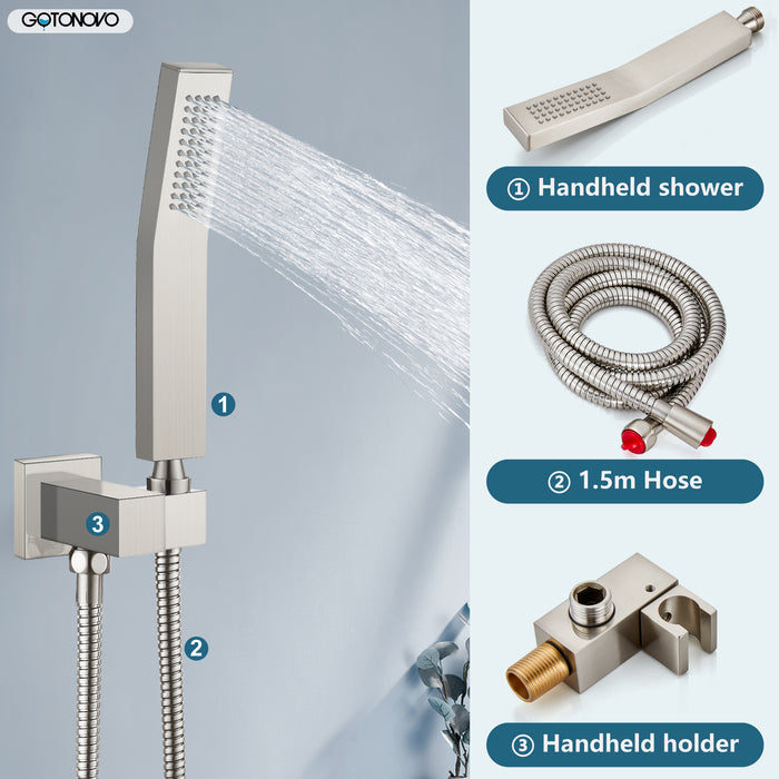 gotonovo wandmontage douchekraan regendouchesysteemset 8 inch vierkante hogedrukdouchekop met trim en handsproeier Ruwe klepbehuizing inbegrepen Mixer Douchecombinatieset Badkamer 