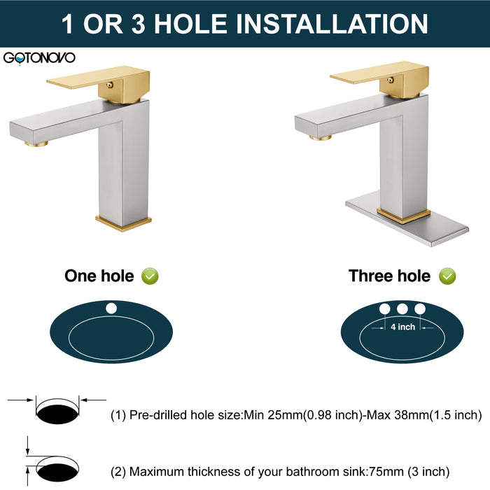 gotonovo Bathroom Sink Faucet Single Handle 1 Hole One Lever Stainless Steel SUS304 Commercial Deck Mount Lavatory Mixer Tap Include Pop Up Drain and Cover Plate