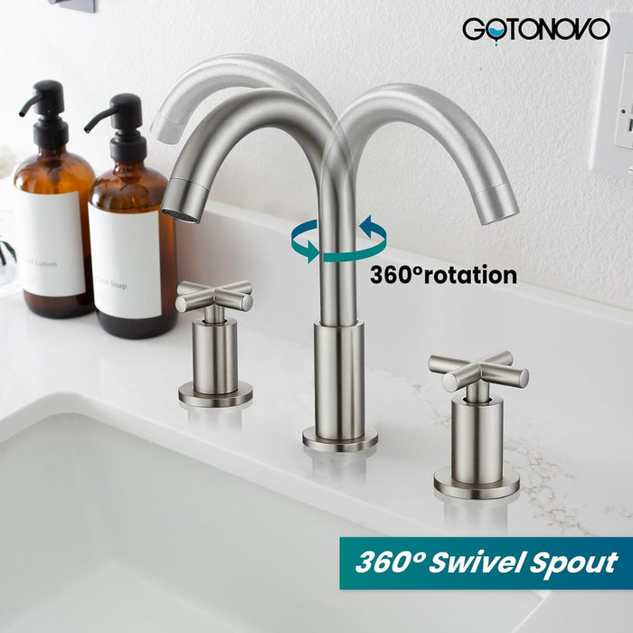 gotonovo 3 Hole Bathroom Faucet 8 inch Widespread Sink Vanity Faucet for Bathroom Sink 2 Cross Handle Deck Mount Basin with Pop Up Drain 360° Swivel Spout