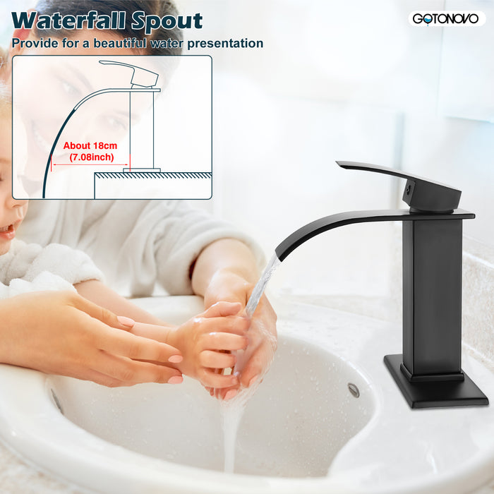 gotonovo Bathroom Sink Faucet Waterfall Spout Deck Mount Single Handle 1 Hole  Deck Plate Pop Up Drain with Overflow with Mixer Tap Lavatory Vanity Sink Faucet Commercial