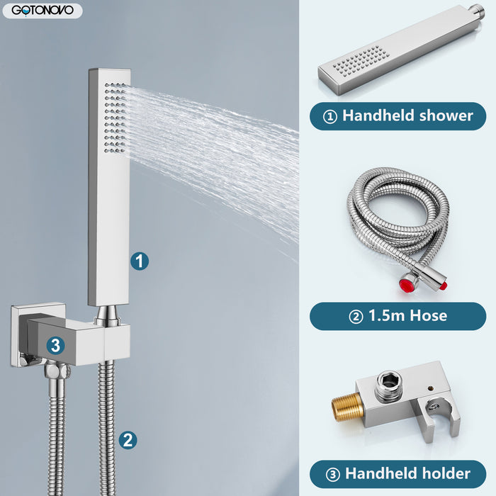 gotonovo Shower System 12 Inch Square Shower Head with Handheld Shower and Waterfall Tub Spout Wall Mount Rainfall Shower Faucet Rough-in Valve 3 Function Shower Combo Set