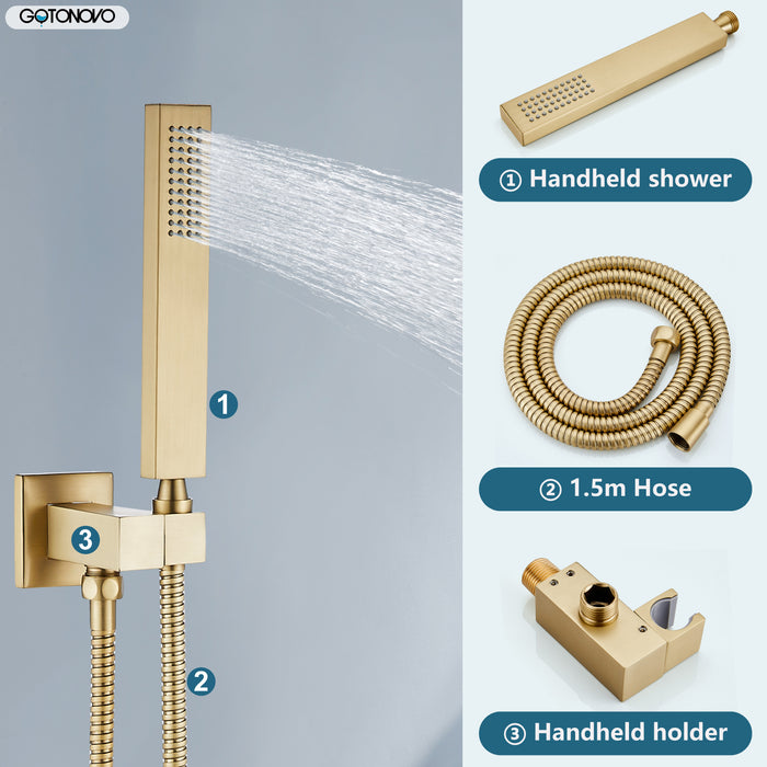 gotonovo Square 12 inch regendouchekop drukbalans douchesysteem wandgemonteerde douchekraan complete set met handsproeier inbegrepen ruw ventiellichaam en bekleding 