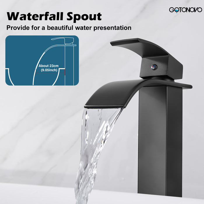 gotonovo Vessl Sink Tall Faucet Waterfall Bathroom Bowl Single Handle Single Hole Spout Sink Faucet Deck Mount with Large Rectangular Lavatory Vanities