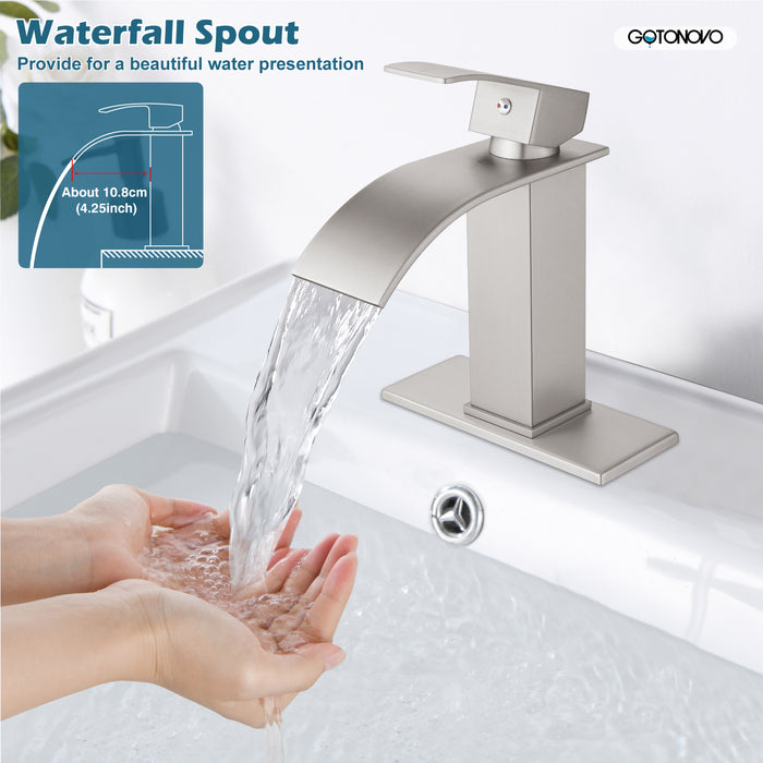 gotonovo Waterfall Bathroom Sink Faucet Single Hole 1 Handle Lavatory Vanity Faucet with Deck Plate Deck Mount Hot & Cold Water Mixer Tap