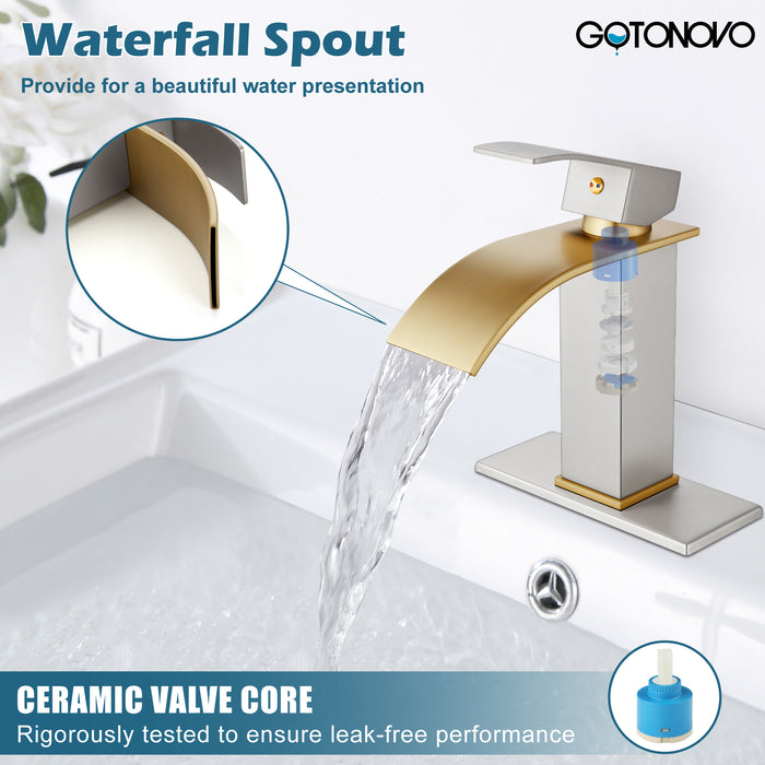 gotonovo Bathroom Sink Faucet Single Handle 1 Hole Waterfall Spout Vanity Sink Faucet Deck Mount Mixer Tap Lavatory with Deck Plate and Pop Up Drain