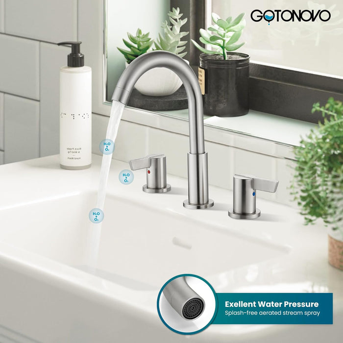 gotonovo 3 Hole Deck Mount 2 Handles Lavatory Basin Bathroom Sink Faucet with Pop Up Drain with Hot and Cold Mixer Valves 8 Inch Widespread Bathroom Faucet Low-Arch 360° Rotation Spout