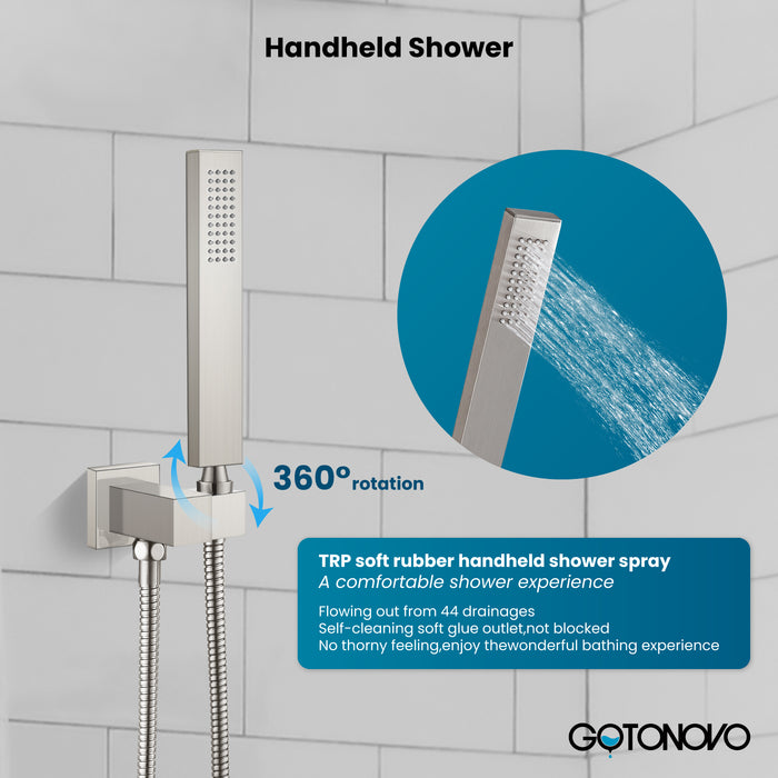 gotonovo Shower Faucet with Full Body Jets Rain Mixer 12 inch Rainfall Shower Head and Handheld Spray Combo Wall Mounted Rough-in Valve and Trim Included with 6pcs Body Message Jets