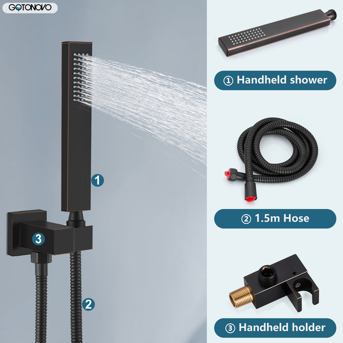 gotonovo Square 12 inch regendouchekop drukbalans douchesysteem wandgemonteerde douchekraan complete set met handsproeier inbegrepen ruw ventiellichaam en bekleding 